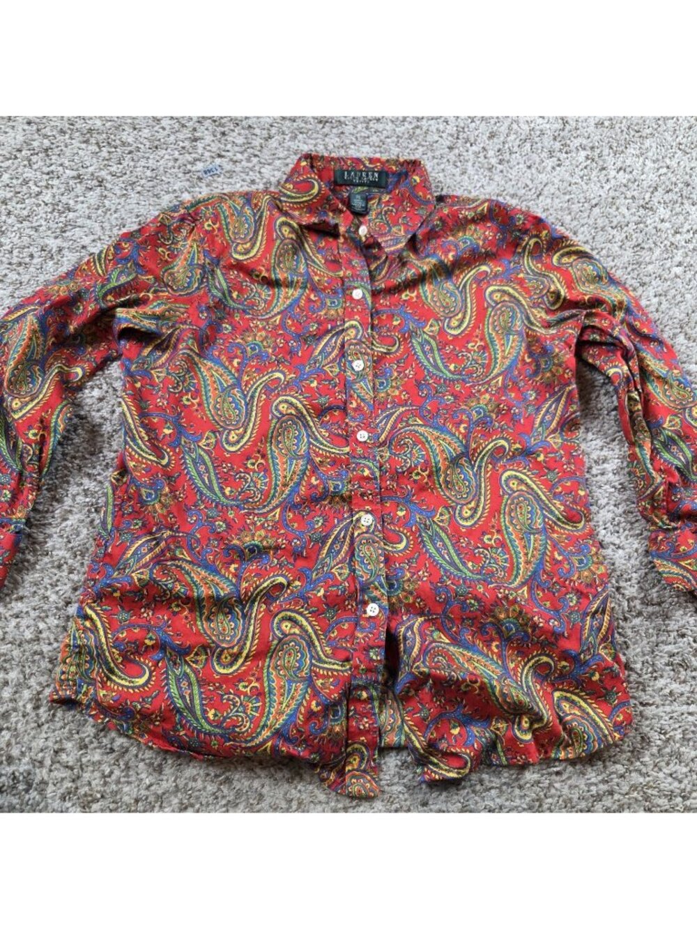Lauren Ralph Shirt Womens Petite Small Paisley Print Button Up 3/4 Sleeve